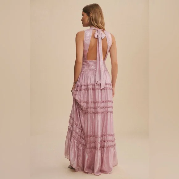 Anthropologie x BHLDN Juniper Metallic Tiered Backless High-Neck Gown